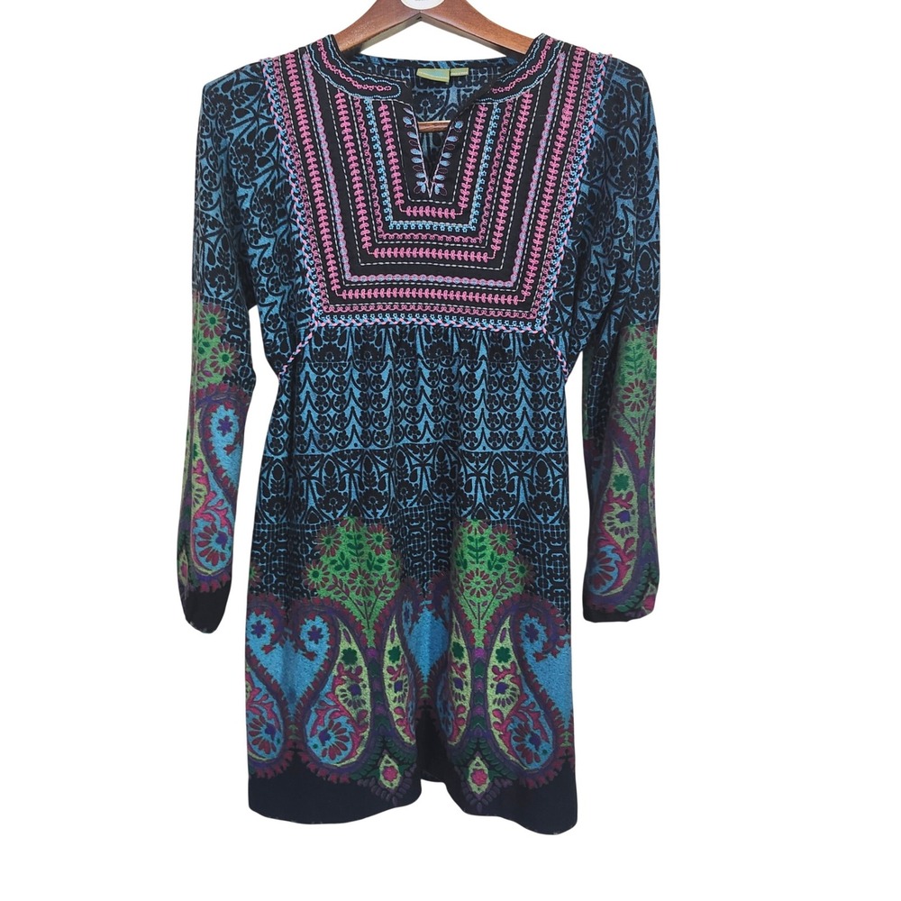 Urban Nomad Tunic Dress Womens S/M Blue Paisley Embroidered Long Sleeve Boho